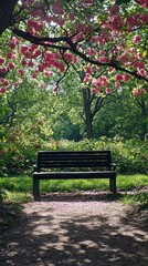 A serene bench awaits visitors nestled under a vibrant flowering tree, casting soft shadows on the path. The lush greenery and blossoms create a perfect escape for relaxation