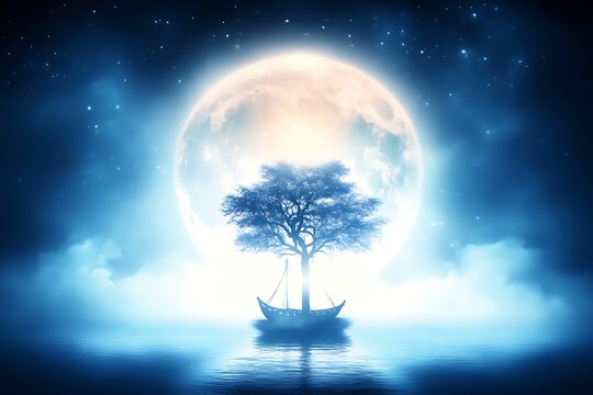 Serene Nightscape Featuring A Tree On A Boat Underneath A Full Moon
