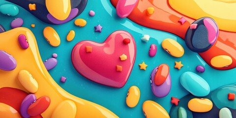 A colorful and whimsical composition featuring glossy beans, vibrant liquid-like shapes, and a central heart surrounded by small star elements on a dynamic blue and orange background