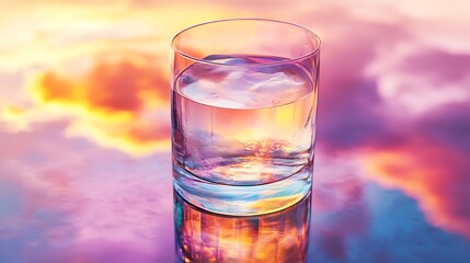 Iridescent Glass of Refreshing Beverage Reflecting Stunning Sunset Colors and Vibrant Cloudscape