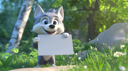 A cheerful cartoon wolf character holds a blank sign in a vibrant, green forest setting.