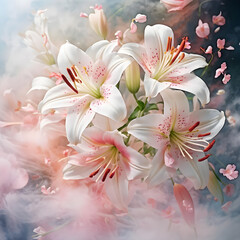 Fototapeta premium Floral arrangement of delicate white lily flowers with watercolor background