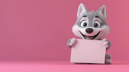 A cheerful cartoon husky holds a blank sign against a pink background, inviting creativity.