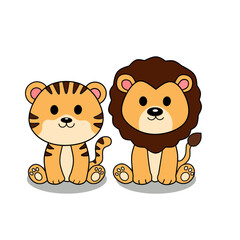 Cute Lion And Tiger Cartoon Vector Icon Illustration. Animal Nature Icon Concept Isolated on White. Flat Cartoon Style