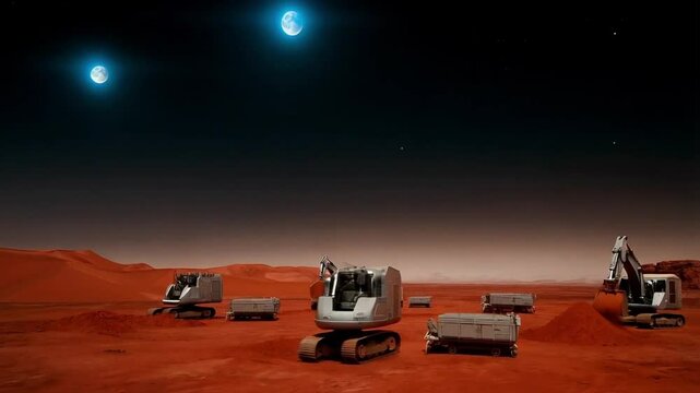 Excavation and Exploration Activities on Mars With Advanced Machinery at Night