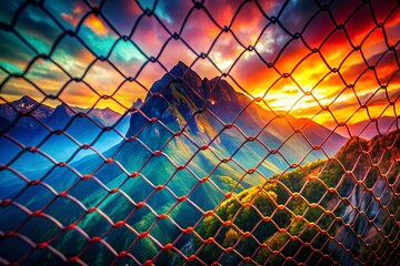 Surreal Mountain Vista Through Wire Mesh: Abstract Landscape Photography
