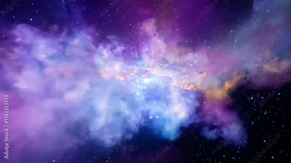 Poster flight through the galaxy with spreading nebula clouds, shiny stars and constellations