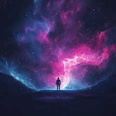 Fototapeta premium Solitary Figure Contemplates Vast Cosmic Nebula