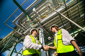 moment of professional agreement captured as industrial workers in safety attire shake hands near a pipeline network, emphasizing partnership, safety, and industrial collaboration. © ultramansk