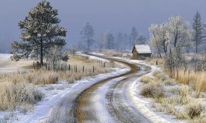 Obraz premium Winding dirt road through snowy winter landscape with a rustic cabin in the background.