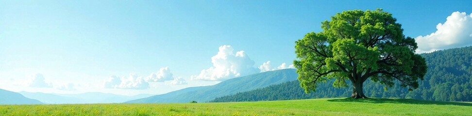 Fototapeta premium Majestic tall evergreen tree against clear sky, landscape, solitude