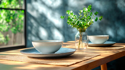 Dining table setting with ceramic bowls and green plant in a glass vase by a sunny window. 