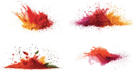 A pile of red powder on a white surface. Suitable for various uses, Dynamic splash of vibrant red powder scattered across a plain white background, 