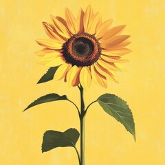 Fototapeta premium A Single Sunflower Against A Yellow Background