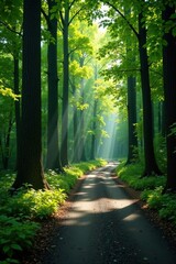 Obraz premium Narrow winding road through dense forest with towering trees and sunlight filtering through leaves, woods, serene