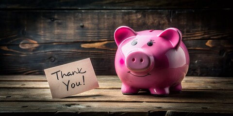 Surreal Pink Thank You Note in Piggy Bank on Wood, Black Background