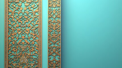 Ornate gold filigree panels against a teal background