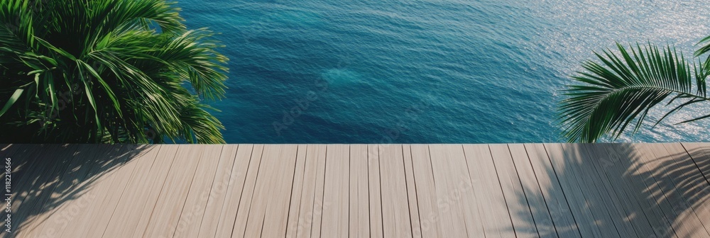Poster luxurious wooden terrace with palm trees overlooking a stunning blue ocean, creating the perfect set