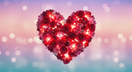 Obraz premium Rose Heart: A vibrant heart shaped arrangement of red roses with a bokeh background - an image that captures the essence of love, romance, and beauty.