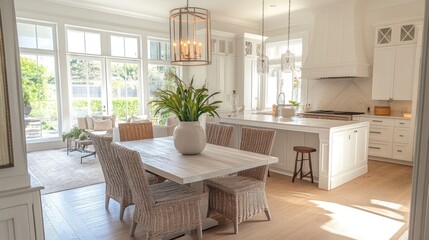 Fototapeta premium Bright and airy kitchen and dining area with white cabinetry and natural light