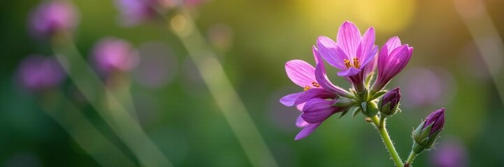 Purple flowers blooming on a herbaceous plant stem, flowering stems, gardening, wildflowers