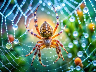 Dew-laden spider silk, miniature scale, bokeh lights dance, a tilt-shift macro garden scene.