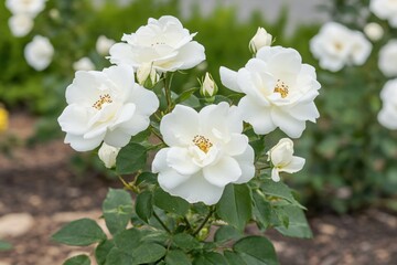 Fototapeta premium Beautiful White Roses Blooming in Garden Surrounded by Green Foliage and Buds
