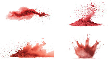A pile of red powder on a white surface. Suitable for various uses, Dynamic splash of vibrant red powder scattered across a plain white background, 
