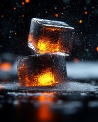 Glowing Ice Cubes Stacked Abstract Dark Background Water Droplets Fire Effect