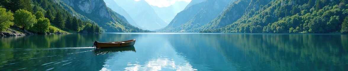 Serene lake in the Swiss Alps with a small wooden boat, swiss, reflection