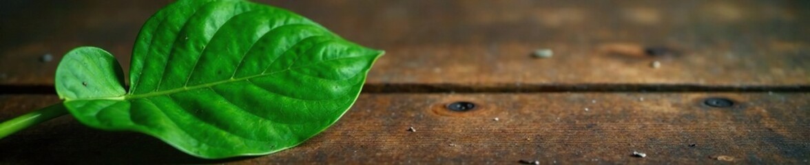 Single large philodendron leaf on a wooden table, botanical, rustic