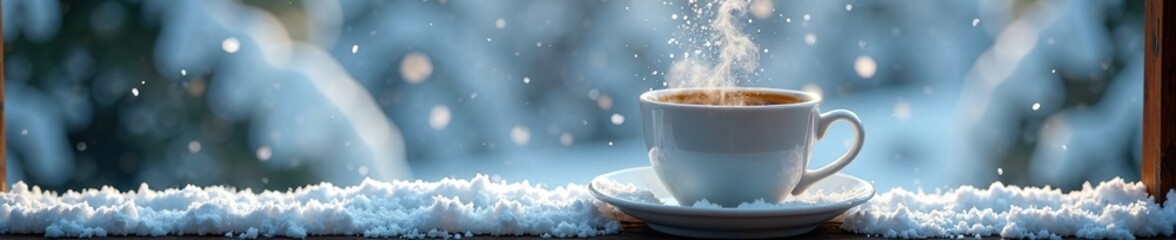 Snowflakes gently fall onto a steaming cup of coffee as it sits on a balcony overlooking the frozen landscape, balcony, snow, coffee