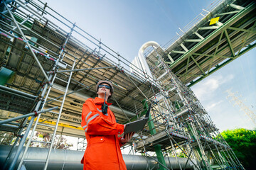 Fototapeta premium Engineer in reflective orange suit with a walkie-talkie and laptop, inspecting large industrial scaffolding and pipelines at a construction site, symbolizing innovation and safety in infrastructure.