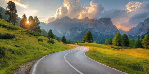 A winding road leads through a vibrant mountain landscape filled with lush greenery, inviting exploration and adventure