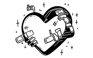 A stylized illustration of a heart held by hands, symbolizing connection and technology, with a playful, doodle-like design.