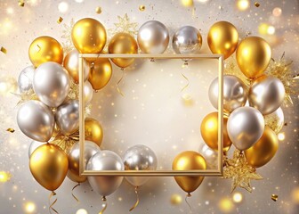 Golden balloon bokeh radiates festive cheer.  Silver accents and confetti sparkle in this celebratory party backdrop.