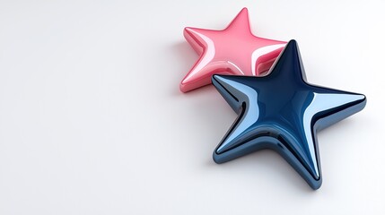 Fototapeta premium Two glossy star-shaped decorations in pink and blue, placed on a light background, create a playful and vibrant aesthetic.
