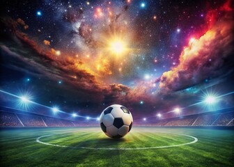 Surreal Soccer Field: Floating Ball, Starry Night, Abstract Sport Banner Design