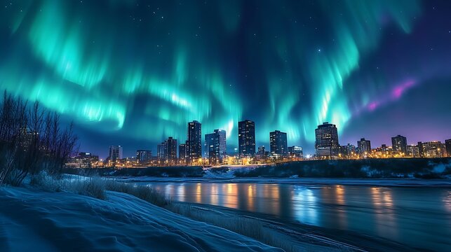 Cityscape Aurora Borealis night winter river reflection