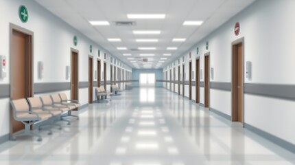 Obraz premium Bright Hospital Hallway: Long Empty Corridor in Medical Clinic or Healthcare Setting