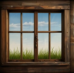 An open wooden window frame with a rustic texture and weathered appearance, set on a transparent background