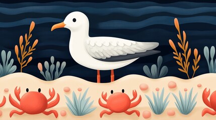 Obraz premium A whimsical illustration of a seagull standing on a beach with crabs and aquatic plants against a dark blue ocean background.