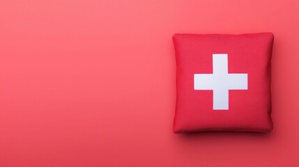 Obraz premium Red First Aid Kit on Pink Background for Emergency Medical Supplies and Healthcare Design with Copy Space