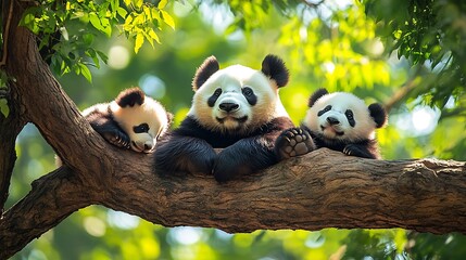 Fototapeta premium Two giant panda bear sleeping on a tree branch in the park