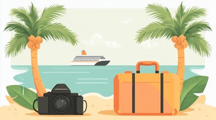 Tropical beach vacation suitcase, camera, cruise ship