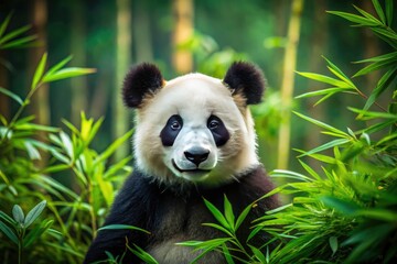 Fototapeta premium Lush green bamboo frames a solitary, adorable panda. Pure minimalist charm.