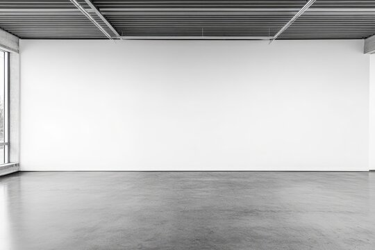 A large white wall in an empty room with a concrete floor, grey ceiling, and glass windows. This mockup space, well-lit by natural light, is perfect for graphic design or artwork display