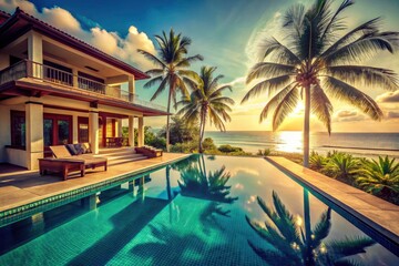 Luxury beachfront villa: vintage charm meets tropical bliss, complete with infinity pool.