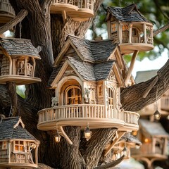 Enchanting miniature houses nestled in a large tree.