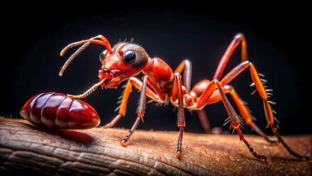 Macro photography captures a red ant biting a finger in the dark; a painful, close encounter.